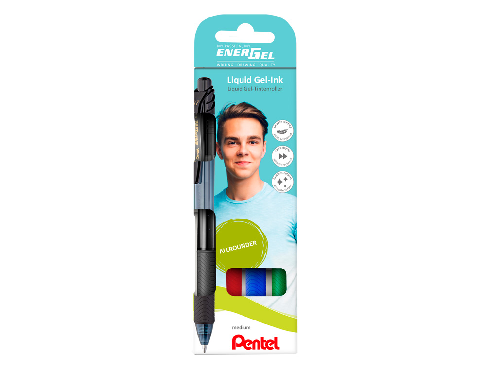 ROLLER PENTEL ENERGEL BL107 EM BLISTER DE 4 UNIDADES CORES PRETO, VERMELHO, AZUL E VERDE