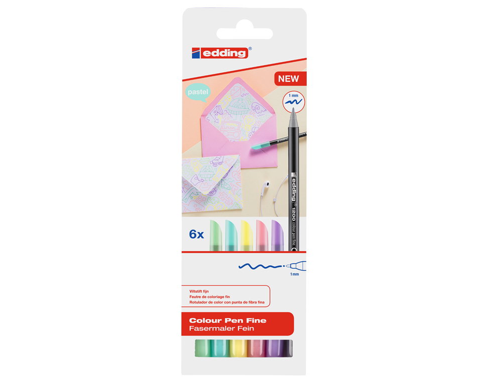 MARCADOR EDDING 1200 PONTA DE FIBRA REDONDA TRACO 1 MM CORES SORTIDAS PASTEL ESTOJO DE 6 MARCADORES