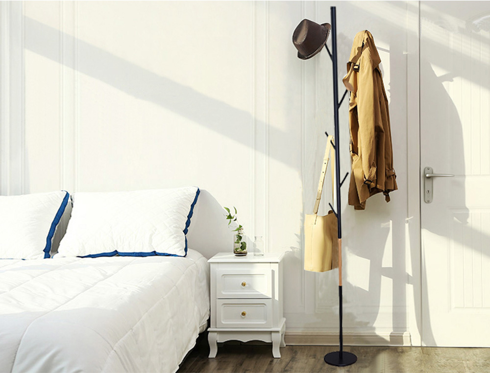 CABIDE METALICO Q-CONNECT PRETO COM DETALHES DE MADEIRA 5 SUPORTES 177X28,5 CM