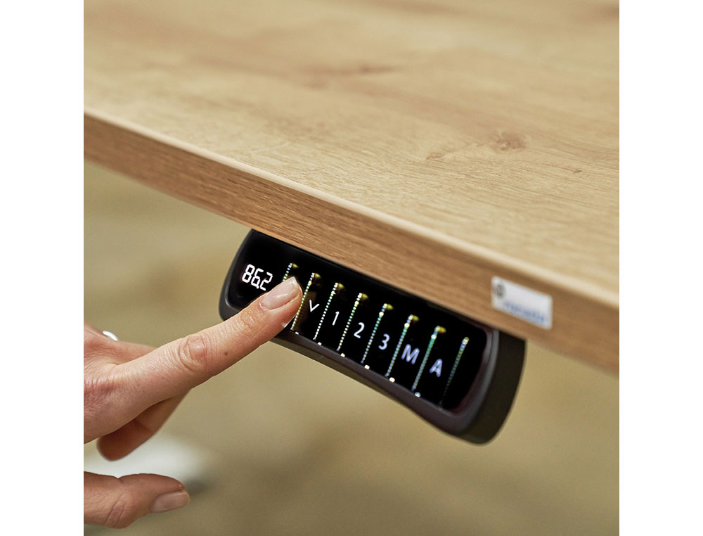 MESA ROCADA REGULAVEL EM ALTURA ELECTRICAMENTE ATE 129 CM ESTRUTURA DE ACO NO TAMPO 180 CM COR FAIA