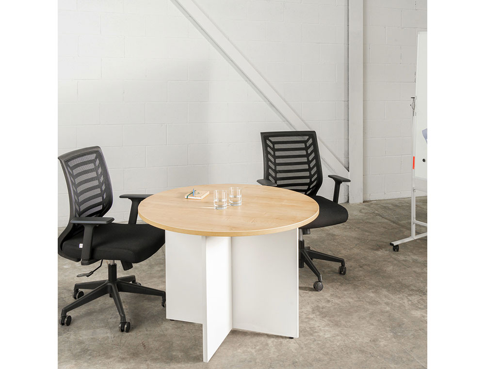MESA DE REUNIOES ROCADA REDONDA 3005AW01 ESTRUTURA MADEIRA SOBRE LAMINAS COR BRANCO TABULEIRO FAIA 100CM DIAMETRO