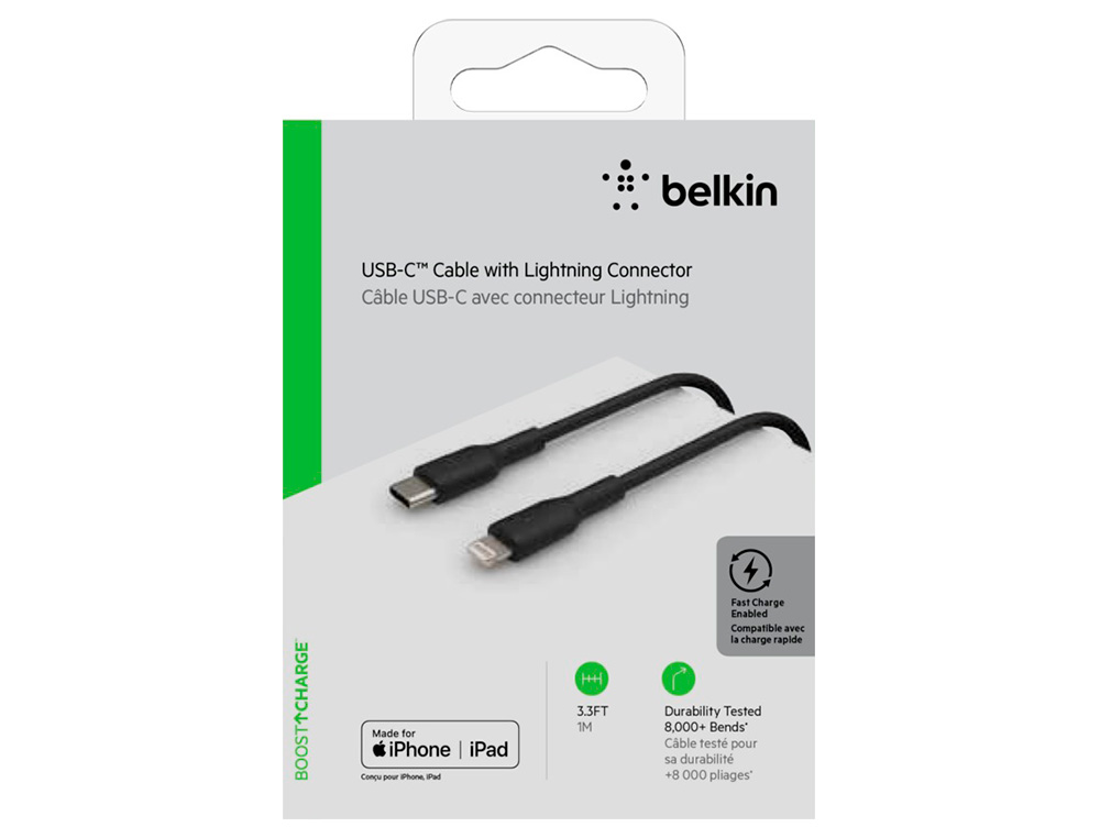 CABO BELKIN CAA003BT1MBK USB-C A LIGHTNING BOOST CHARGE COMPRIMENTO 1 M COR PRETO