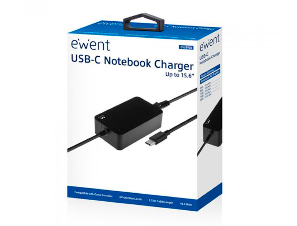 CARREGADOR EWENT PARA PORTATIL USB TYPE-C 100-240V 45W