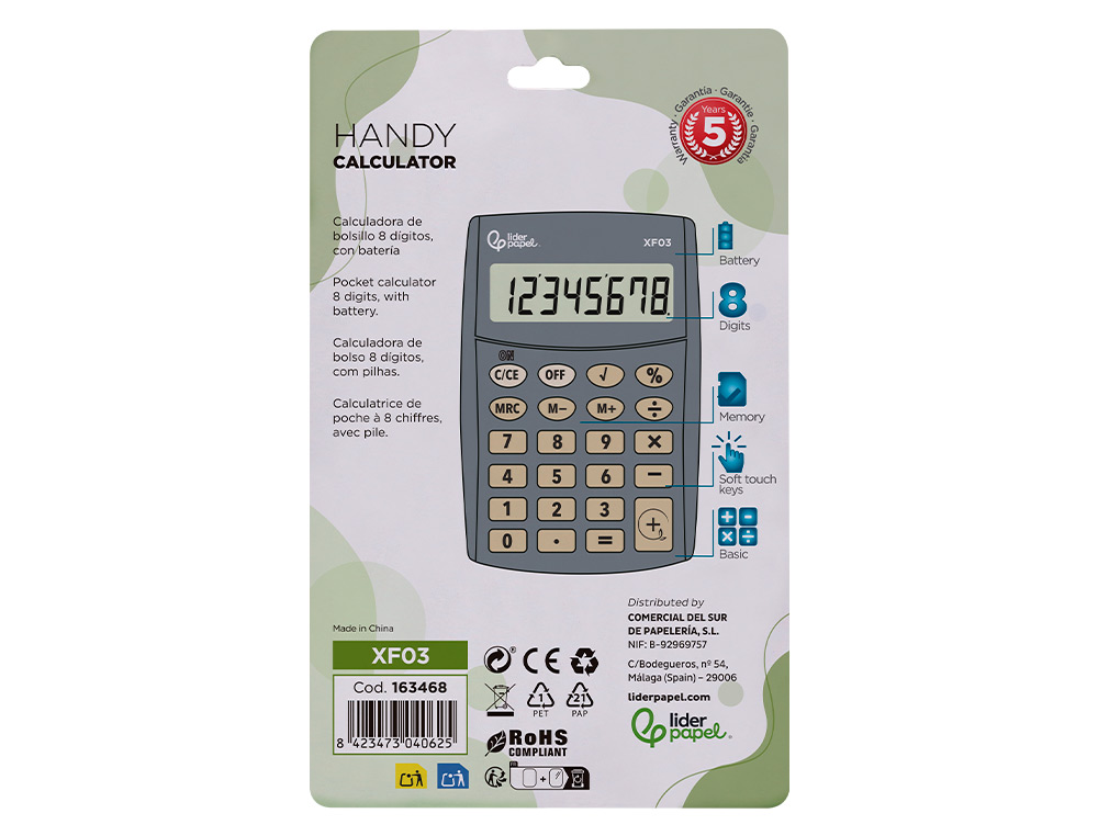 CALCULADORA LIDERPAPEL DE BOLSO XF03 8 DIGITOS PILHAS COR CINZA 99X64X9 MM