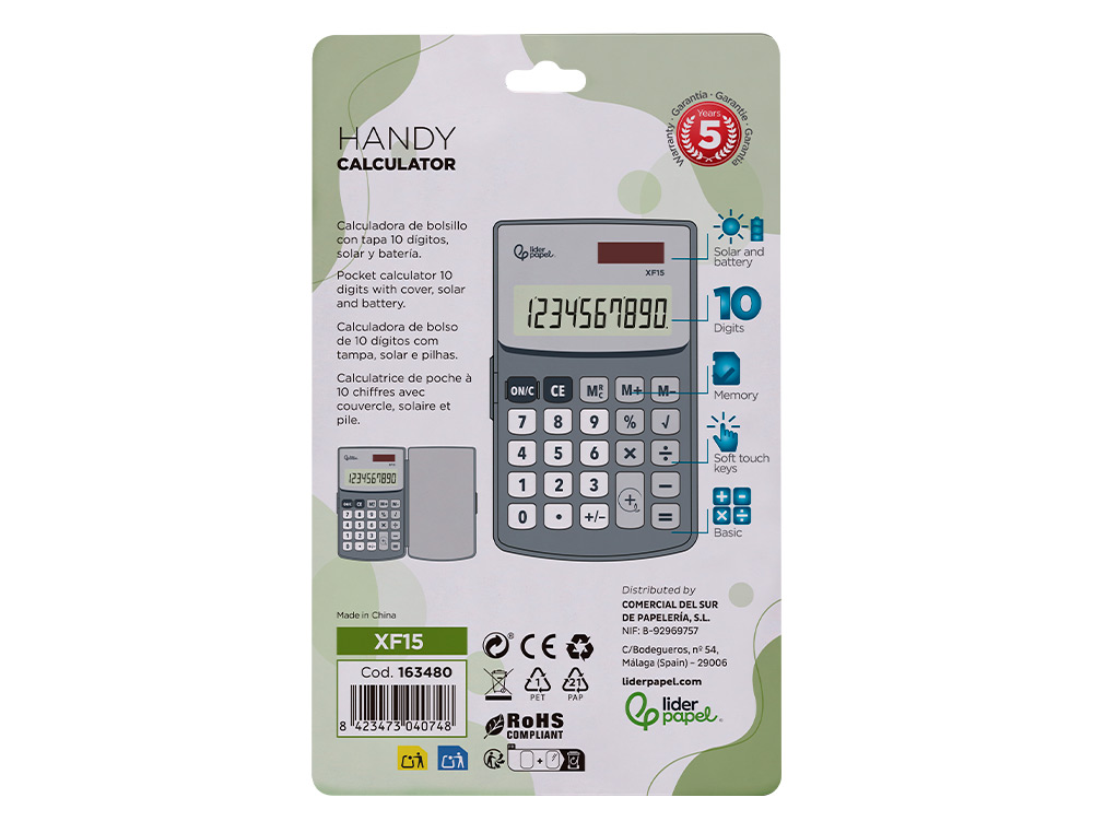 CALCULADORA LIDERPAPEL DE BOLSO XF15 10 DIGITOS COM CAPA SOLAR E PILHAS COR CINZA 123X75X12 MM