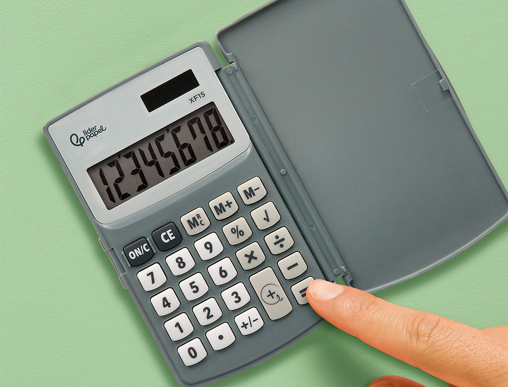 CALCULADORA LIDERPAPEL DE BOLSO XF15 10 DIGITOS COM CAPA SOLAR E PILHAS COR CINZA 123X75X12 MM