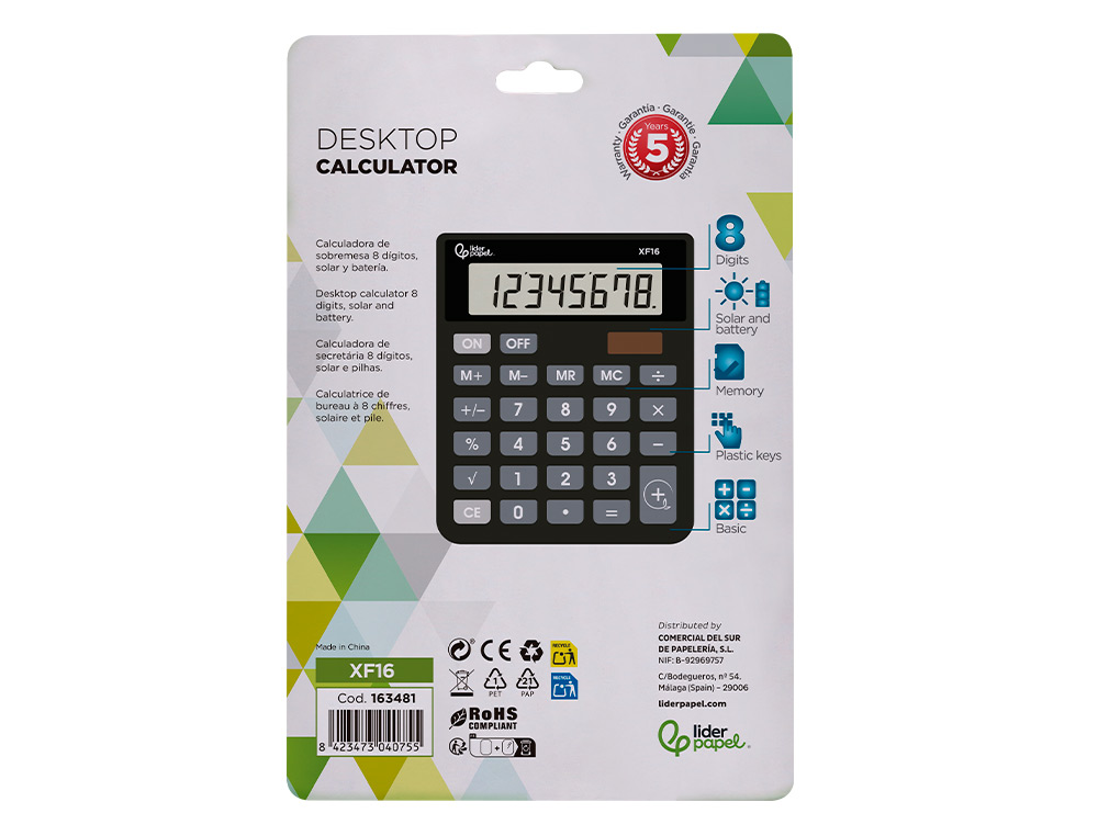 CALCULADORA LIDERPAPEL DE SECRETARIA XF16 8 DIGITOS SOLAR E PILHAS COR PRETO 127X105X24 MM