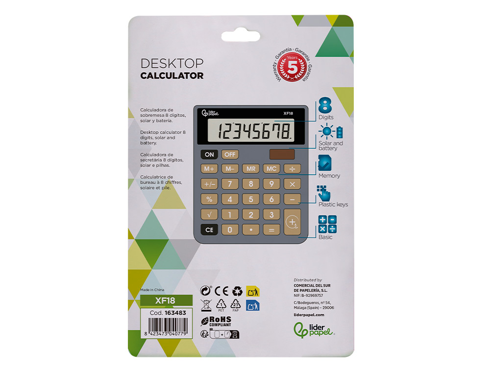 CALCULADORA LIDERPAPEL DE SECRETARIA XF18 8 DIGITOS SOLAR E PILHAS COR CINZA 127X105X24 MM