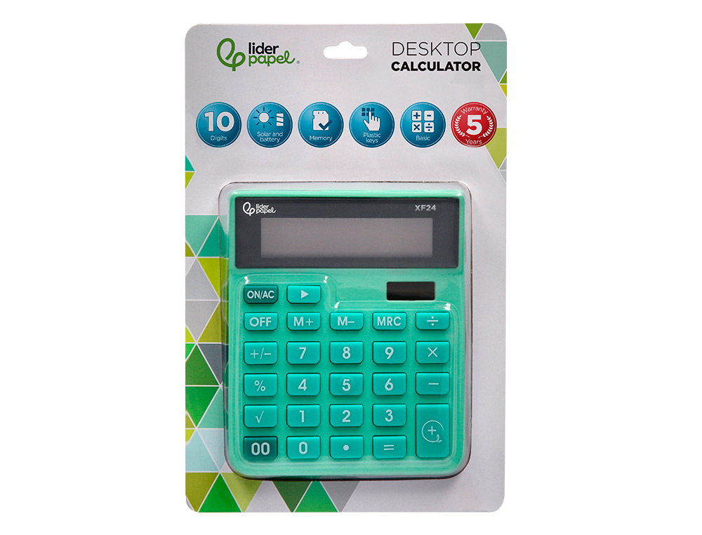 CALCULADORA LIDERPAPEL DE SECRETARIA XF24 10 DIGITOS SOLAR E PILHAS COR VERDE 127X105X24 MM