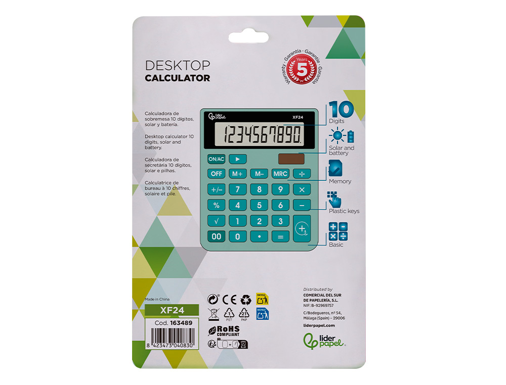 CALCULADORA LIDERPAPEL DE SECRETARIA XF24 10 DIGITOS SOLAR E PILHAS COR VERDE 127X105X24 MM