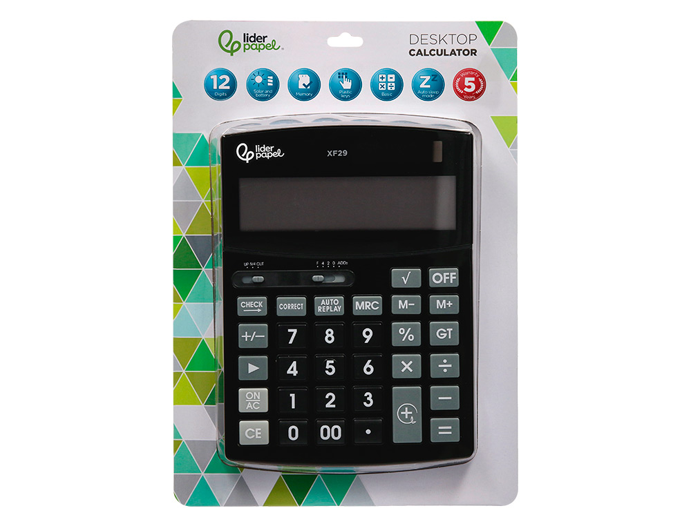 CALCULADORA LIDERPAPEL DE SECRETARIA XF29 12 DIGITOS SOLAR E PILHAS COR PRETO 190X140X30 MM
