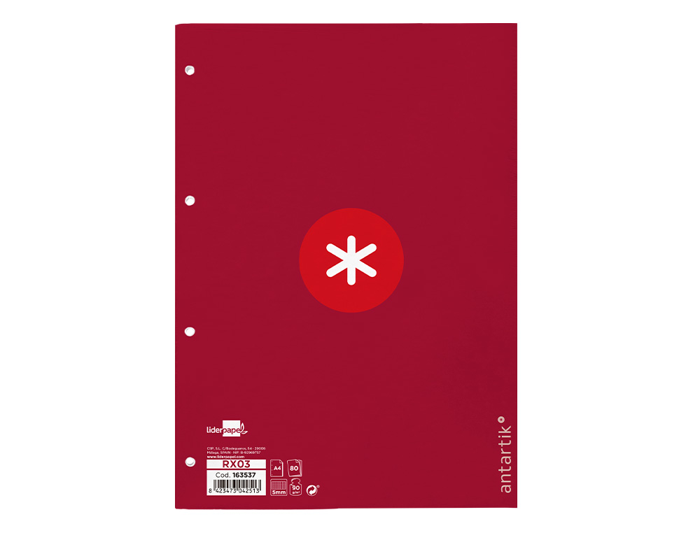 RECARGA COLADA ANTARTIK QUADRICULA DE 5MM DIN A4 100 F 90 GR 4 FUROS 1 BANDA MOLDURA COR FRAMBOESA