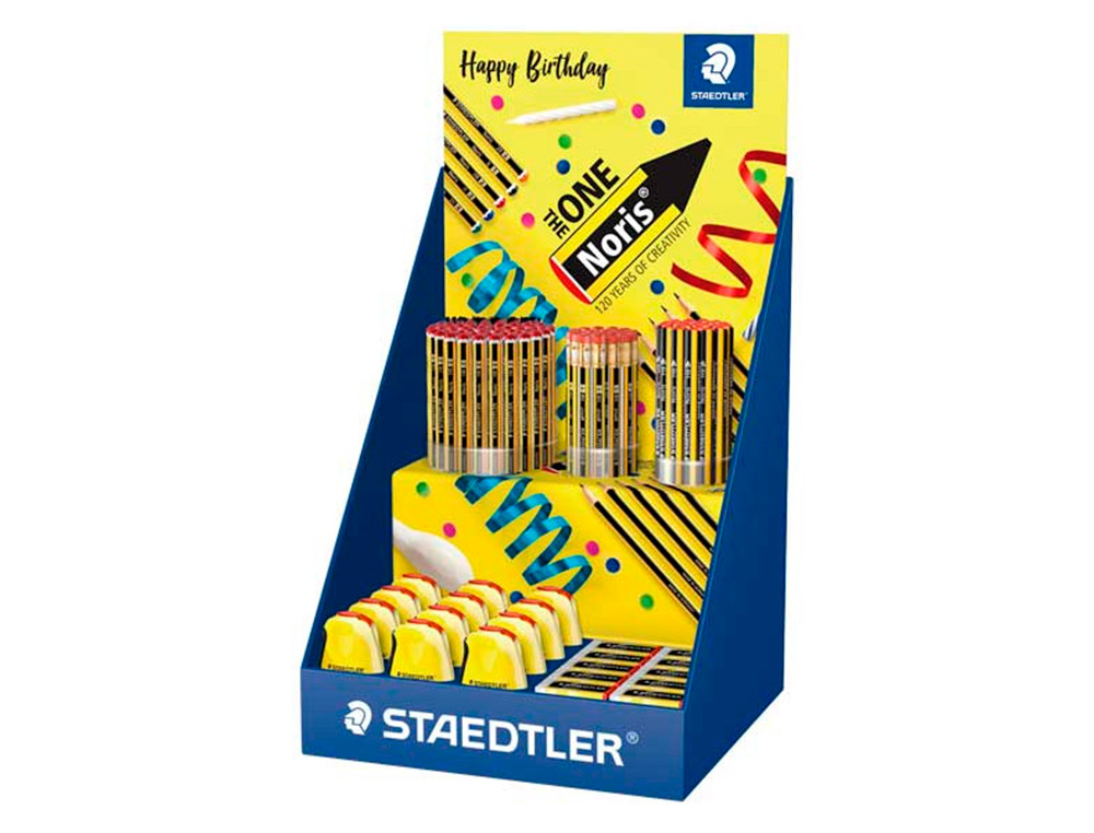 EXPOSITOR DE SECRETARIA STAEDTLER NORIS 120 FELIZ ANIVERSARIO 152 UNIDADES SORTIDAS 383X382X250 MM