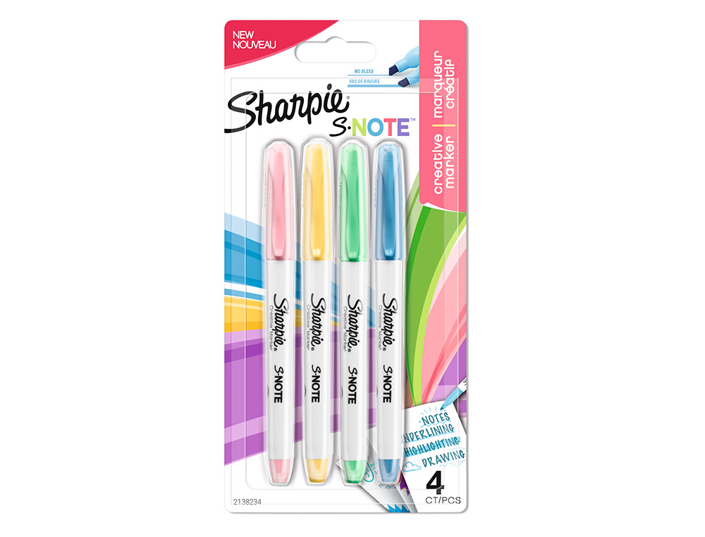 MARCADOR SHARPIE PERMANENTE S-NOTE PONTA BISELADA TRACO 1,2 /3,87 MM BLISTER 4 UNIDADES CORES SORTIDAS