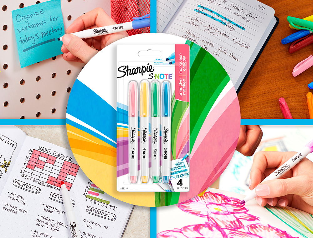 MARCADOR SHARPIE PERMANENTE S-NOTE PONTA BISELADA TRACO 1,2 /3,87 MM BLISTER 4 UNIDADES CORES SORTIDAS