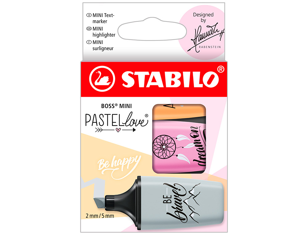 MARCADOR FLUORESCENTE STABILO BOSS MINI PASTEL LOVE ESTOJO DE 3 UNIDADES FUCSIA/LARANJA/CINZA