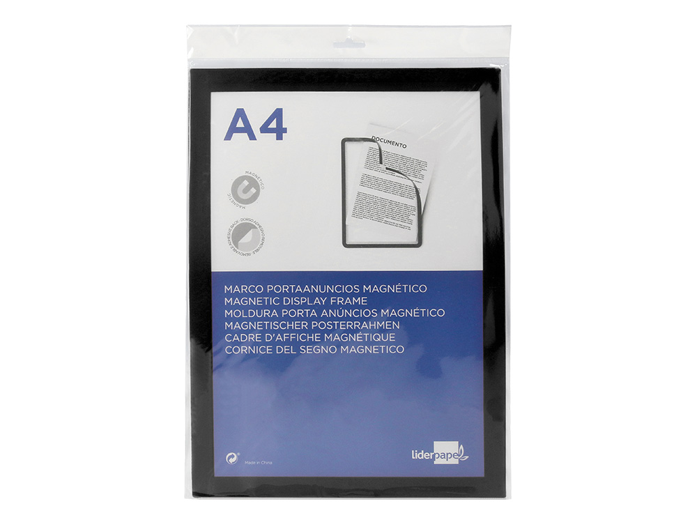 MOLDURA PORTA ANUNCIOS LIDERPAPEL MAGNETICA DIN A4 SUPORTE ADESIVO REMOVIVEL COR PRETO