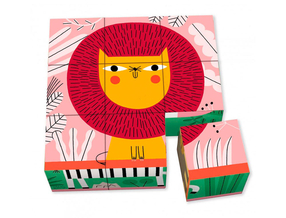 PUZZLE GOULA CUBOS DE CARTAO ANIMAIS SELVA 6 CENAS DIFERENTES 9 PECAS