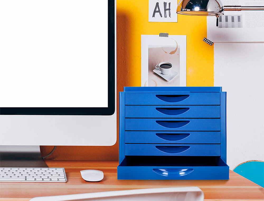 FICHEIRO GAVETAS DE SECRETARIA Q-CONNECT BANDEJA ORGANIZADORA SUPERIOR 6 GAVETAS COR AZUL OPACO 350X255X280 MM