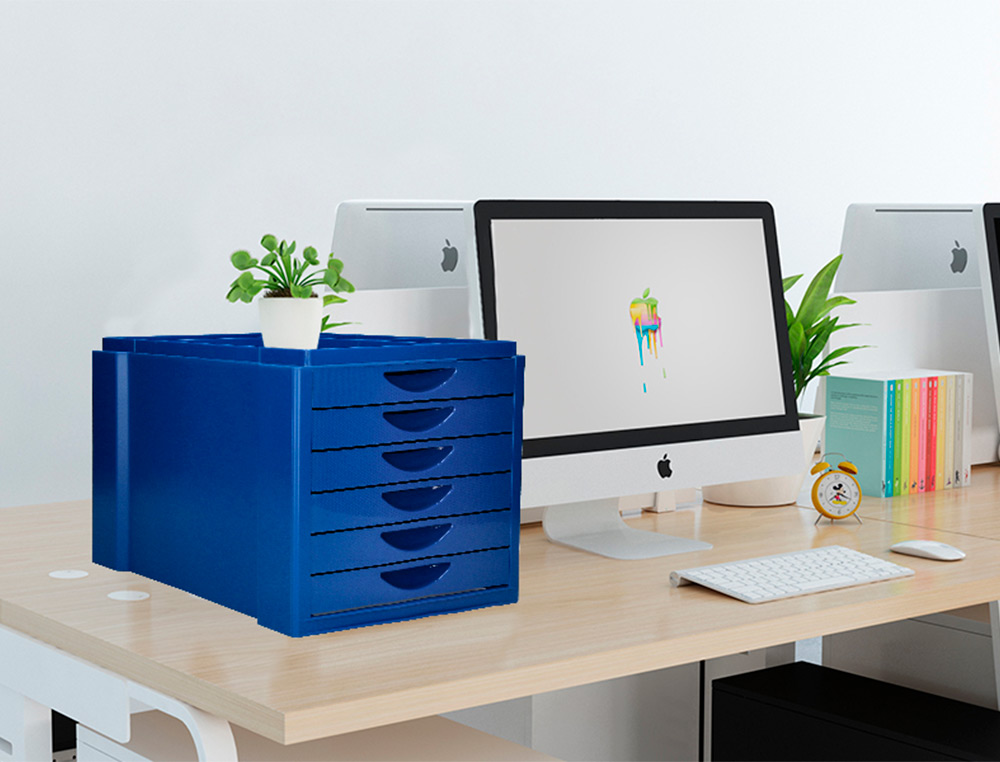 FICHEIRO GAVETAS DE SECRETARIA Q-CONNECT BANDEJA ORGANIZADORA SUPERIOR 6 GAVETAS COR AZUL OPACO 350X255X280 MM