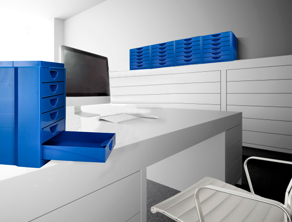 FICHEIRO GAVETAS DE SECRETARIA Q-CONNECT BANDEJA ORGANIZADORA SUPERIOR 6 GAVETAS COR AZUL OPACO 350X255X280 MM