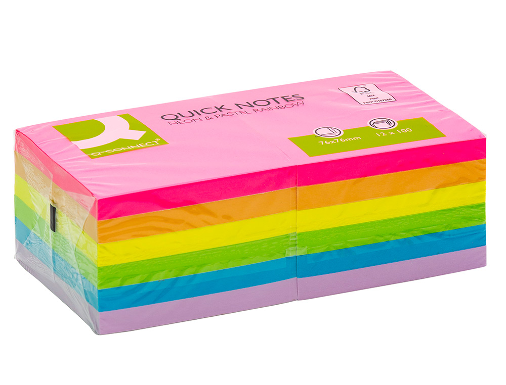 BLOCO DE NOTAS ADESIVAS Q-CONNECT 76X76 MM FSC CORES NEON E PASTEL SORTIDAS