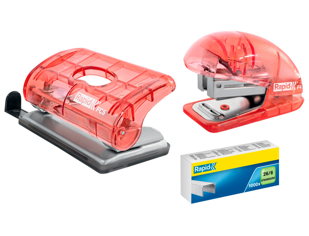 AGRAFADOR RAPID MINI F4 COLOUR BREEZE USA AGRAFES 24/6 E 26/6 COR CORAL EM BLISTER