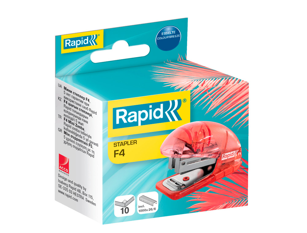AGRAFADOR RAPID MINI F4 COLOUR BREEZE USA AGRAFES 24/6 E 26/6 COR CORAL EM BLISTER
