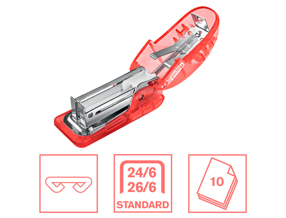 AGRAFADOR RAPID MINI F4 COLOUR BREEZE USA AGRAFES 24/6 E 26/6 COR CORAL EM BLISTER