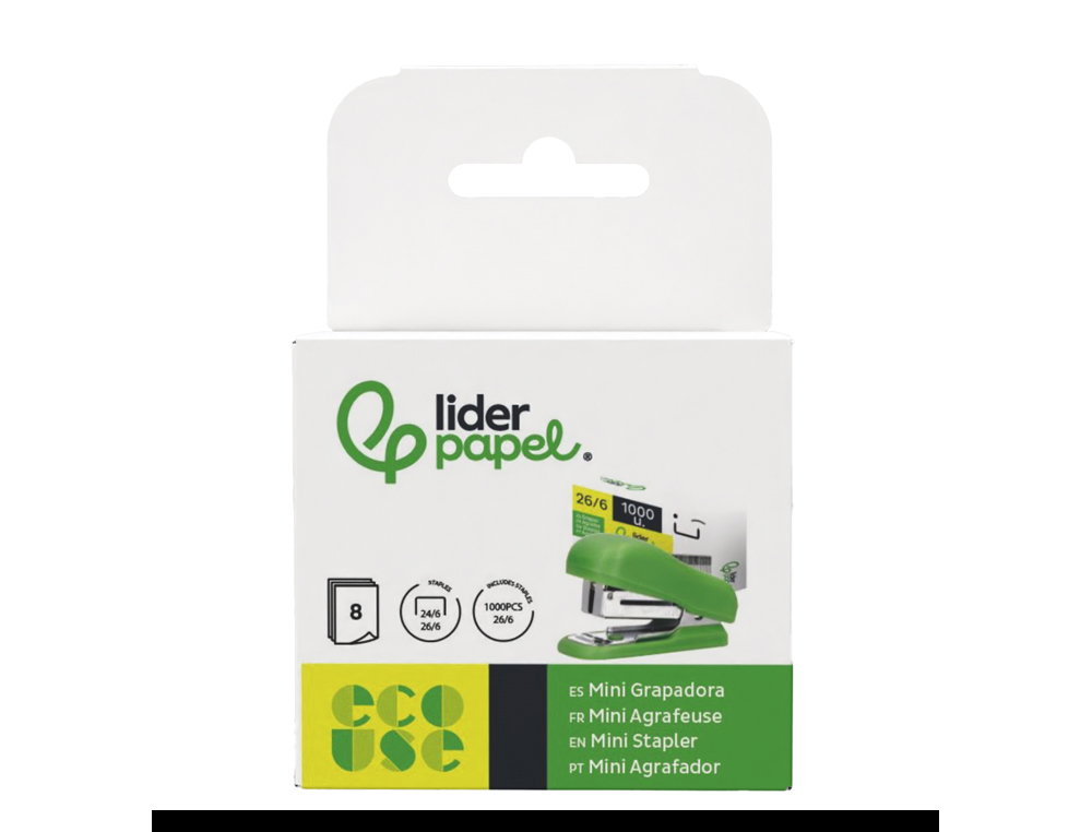AGRAFADOR LIDERPAPEL ECOUSE MINI CAPACIDADE 12 FOLHAS 100% PLASTICO RECICLADO COM CAIXA DE 1000 AGRAFES 26/6
