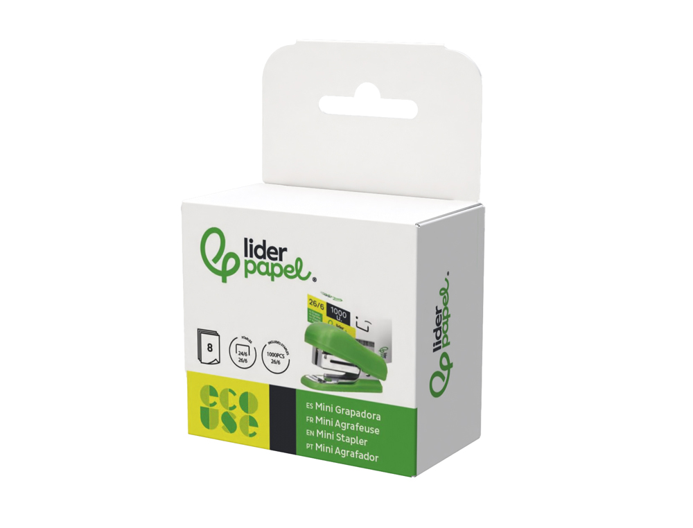AGRAFADOR LIDERPAPEL ECOUSE MINI CAPACIDADE 12 FOLHAS 100% PLASTICO RECICLADO COM CAIXA DE 1000 AGRAFES 26/6
