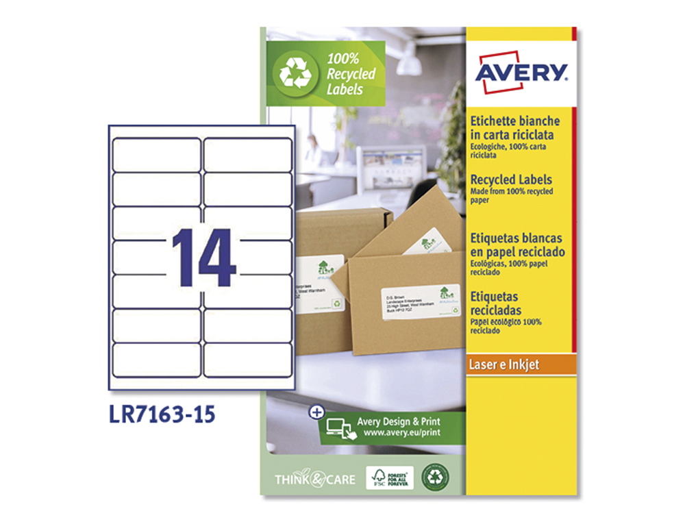 ETIQUETA ADESIVA AVERY BRANCA PERMANENTE RECICLADA 100% PARA IMPRESSORA LASER 99,1X38,1 MM CAIXA DE 210 UNIDADES