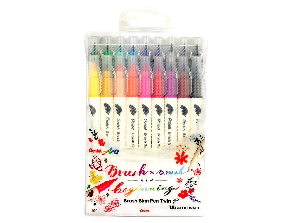 PINCEL PENTEL BRUSH SIGN PEN COM PONTA DUPLA ESTOJO COM 18 UNIDADES