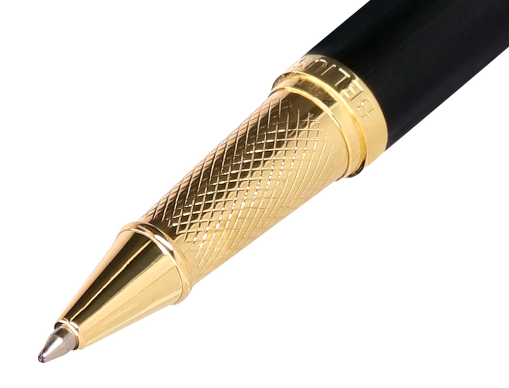 ESFEROGRAFICA BELIUS PASSION DOR ALUMINIO TEXTURA ESCOVADO DESENHO PRETO E DOURADO TINTA AZUL CAIXA DESIGN