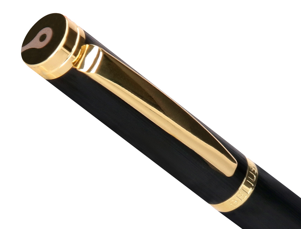 ESFEROGRAFICA BELIUS PASSION DOR ALUMINIO TEXTURA ESCOVADO DESENHO PRETO E DOURADO TINTA AZUL CAIXA DESIGN