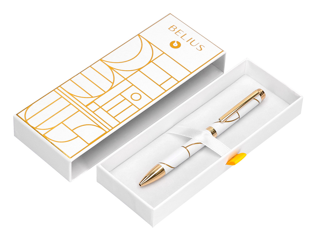 ROLLER BELIUS CARTE BLANCHE DESENHO BRANCO E DOURADO TINTA PRETA CAIXA DESIGN