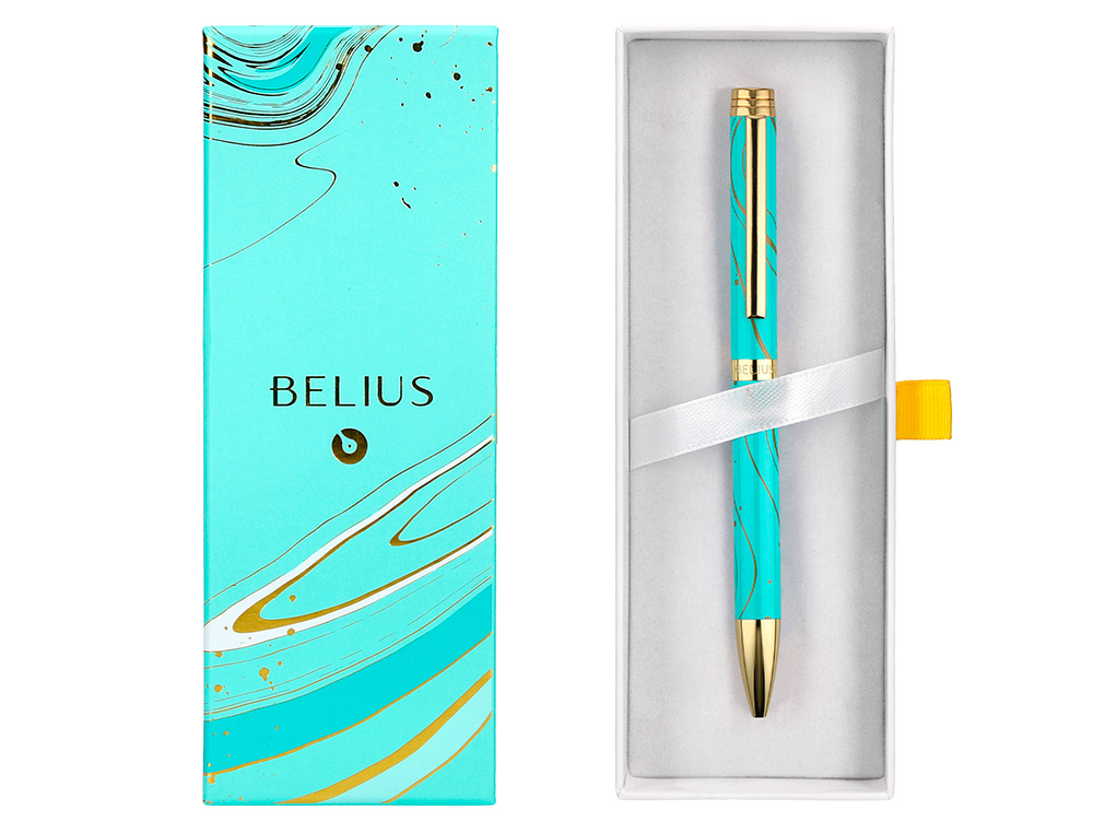 ESFEROGRAFICA BELIUS AQUA ALUMINIO DESENHO TURQUESA E DOURADO TINTA AZUL CAIXA DESIGN