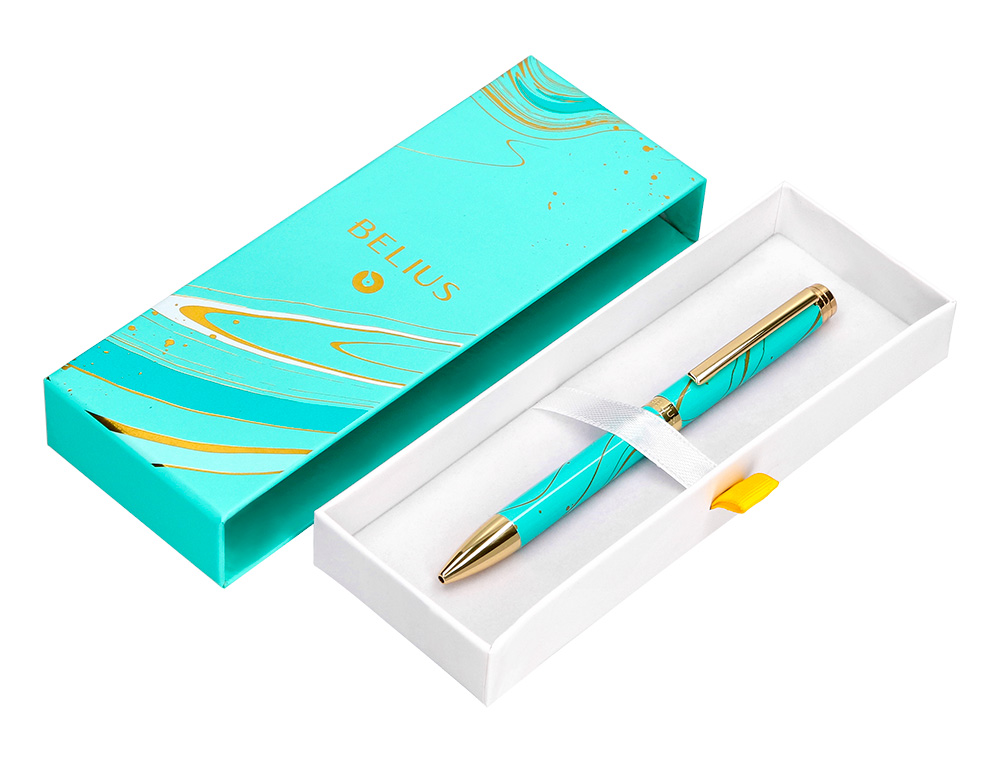 ESFEROGRAFICA BELIUS AQUA ALUMINIO DESENHO TURQUESA E DOURADO TINTA AZUL CAIXA DESIGN