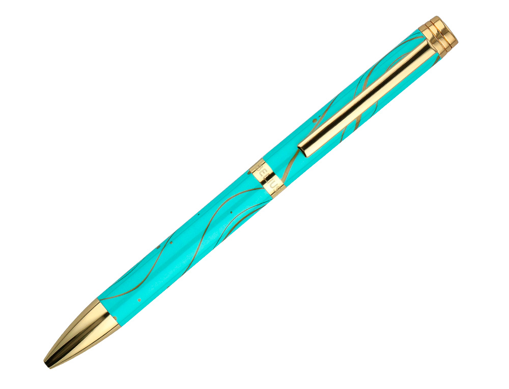 ESFEROGRAFICA BELIUS AQUA ALUMINIO DESENHO TURQUESA E DOURADO TINTA AZUL CAIXA DESIGN