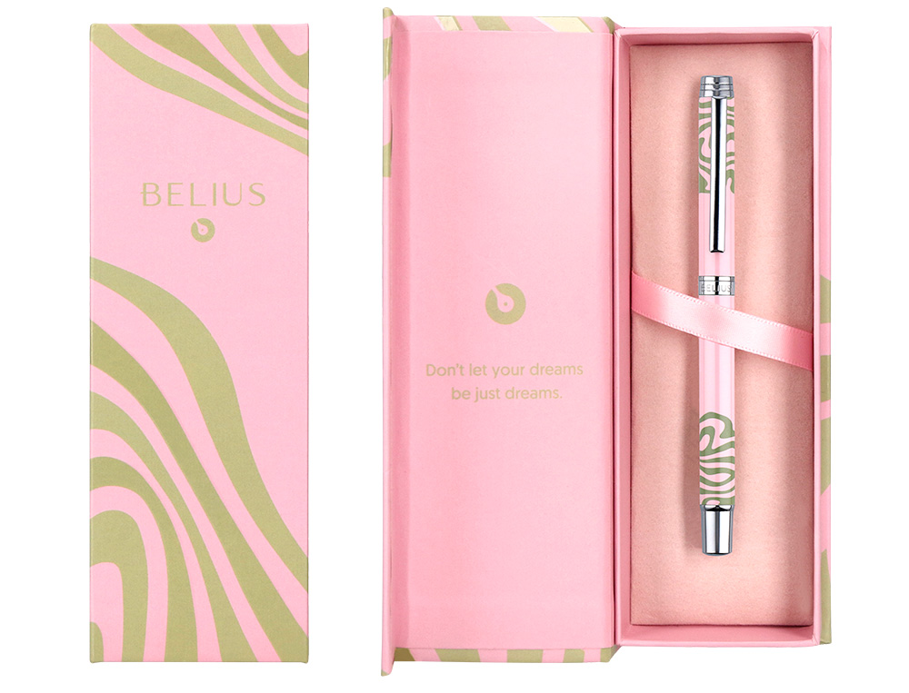 ROLLER BELIUS INK DREAMS ALUMINIO DESENHO ROSA E VERDE MATCHA PRATEADO FRASE INTERIOR CAIXA DESIGN TINTA PRETA