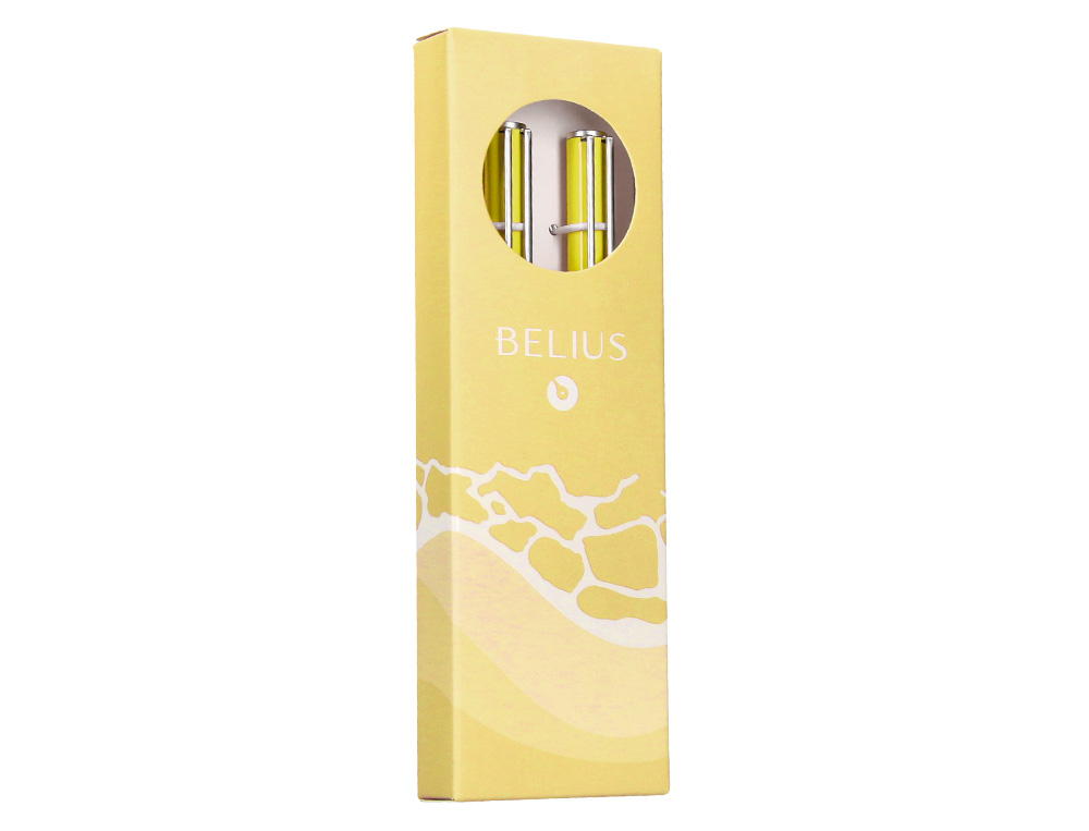 CONJUNTO ESFEROGRAFICA E ROLLER BELIUS ENDLESS SUMMER ALUMINIO DESENHO AMARELO E PRATEADO TINTA AZUL CAIXA DESIGN