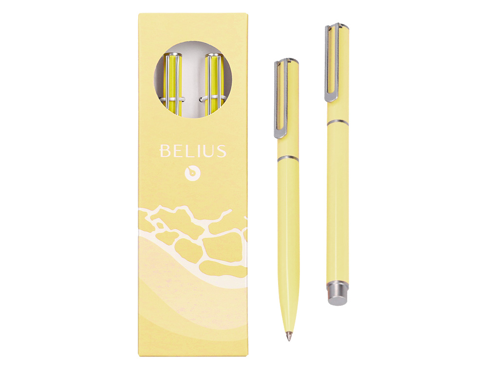 CONJUNTO ESFEROGRAFICA E ROLLER BELIUS ENDLESS SUMMER ALUMINIO DESENHO AMARELO E PRATEADO TINTA AZUL CAIXA DESIGN