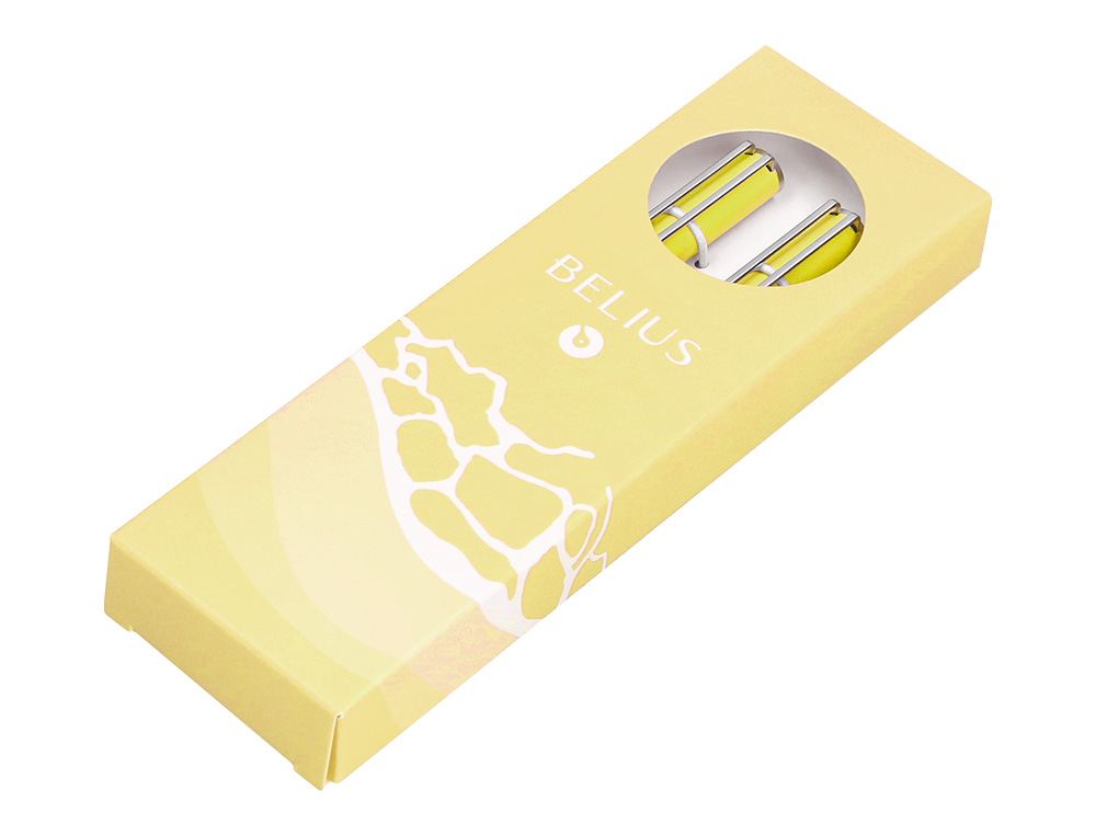 CONJUNTO ESFEROGRAFICA E ROLLER BELIUS ENDLESS SUMMER ALUMINIO DESENHO AMARELO E PRATEADO TINTA AZUL CAIXA DESIGN