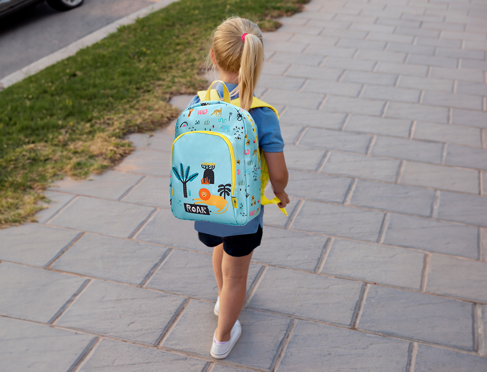 MOCHILA ESCOLAR LIDERPAPEL INFANTIL SAFARI DESENHO LEAO AZUL 330X100X250 MM