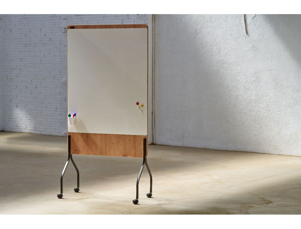 QUADRO BRANCO ROCADA DUPLA FACE LACADO MAGNETICO PLACA MELAMINA CARVALHO BASE COM 4 RODAS 100X120 CM