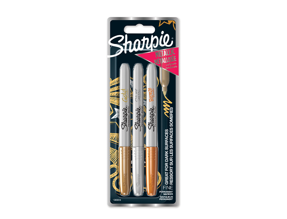 MARCADOR SHARPIE PERMANENTE FINO METALICO BLISTER DE 3 UNIDADES OURO/PRATA/BRONZE CLIPSTRIP DE 12 BLISTER