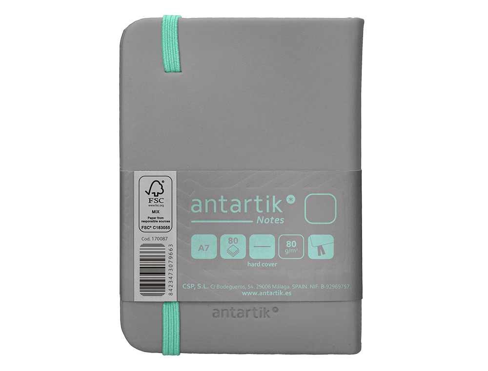 CADERNO COM ELASTICO ANTARTIK NOTES CAPA DURA A7 LISO CINZA E TURQUESA 80 FOLHAS 80 GR FSC