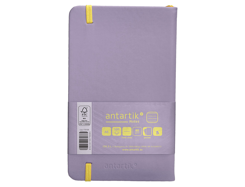 CADERNO COM ELASTICO ANTARTIK NOTES CAPA DURA A6 PAUTADO ROXO E AMARELO 100 FOLHAS 80 GR FSC