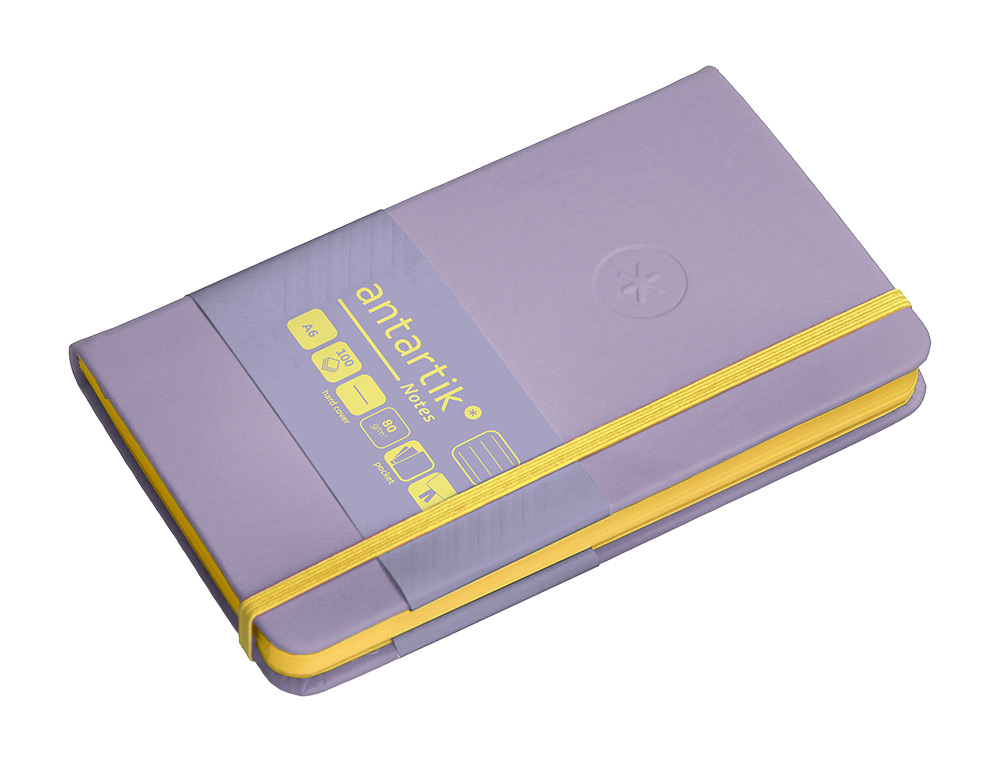 CADERNO COM ELASTICO ANTARTIK NOTES CAPA DURA A6 PAUTADO ROXO E AMARELO 100 FOLHAS 80 GR FSC