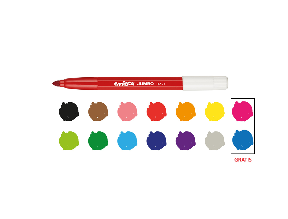 MARCADOR CARIOCA JUMBO PONTA GROSSA BOLSA PAPEL 12 UNIDADES CORES SORTIDAS +2 GRATIS